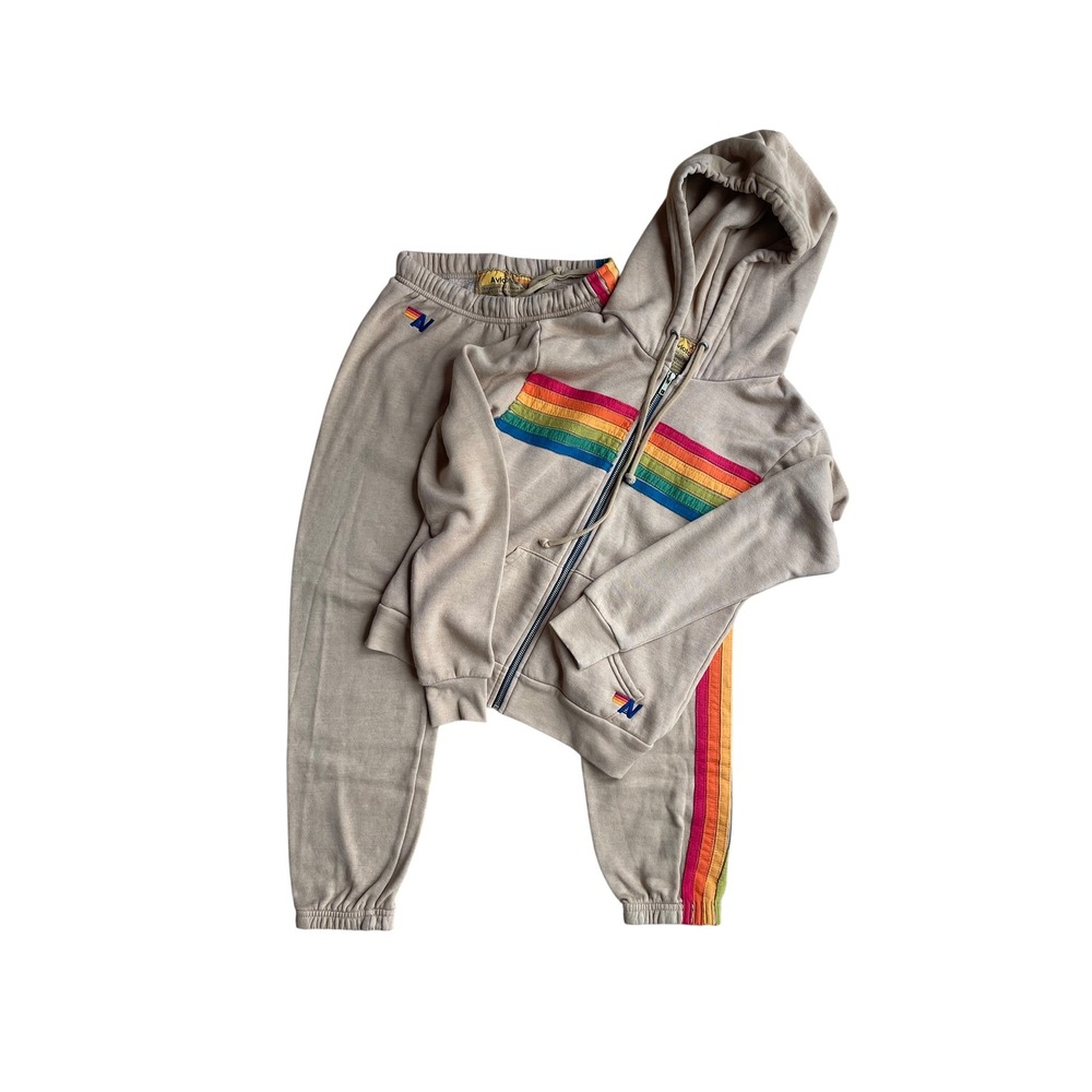 Aviator Nation Womens Tan Rainbow Stripe Zip Hoodie and Jogger Sweatpants Set XS